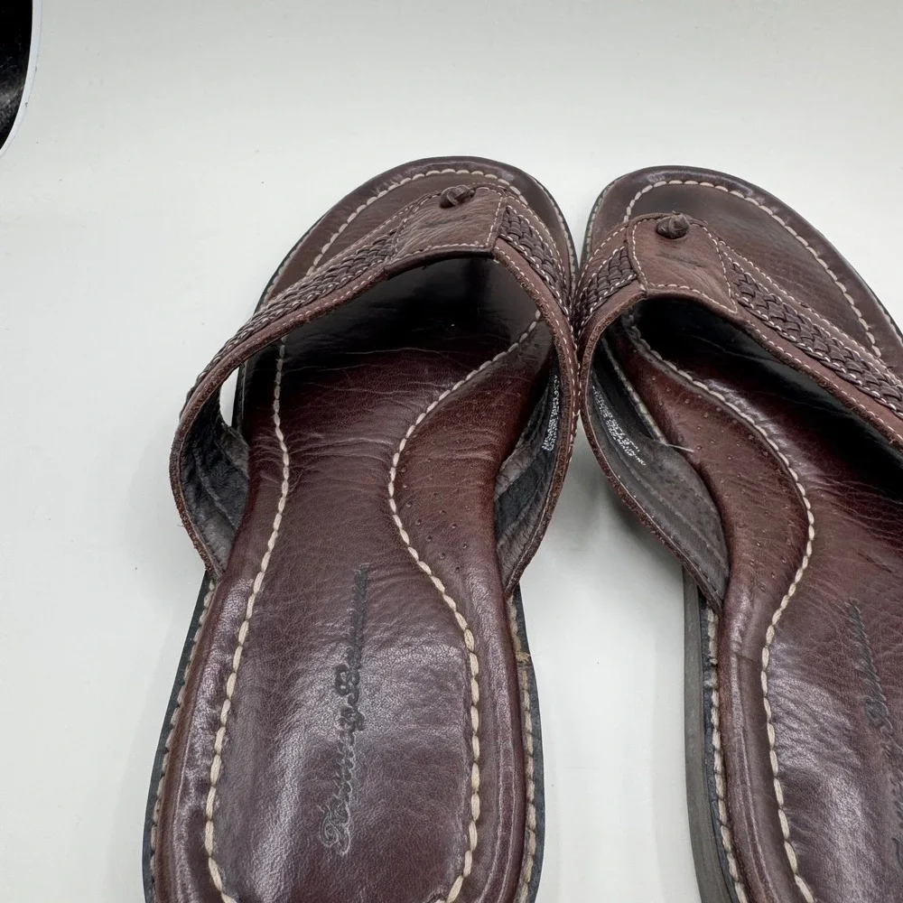 Tommy Bahama Anchors Away Mens Sz 11 D Brown Leather Woven Flip Flop Sandals